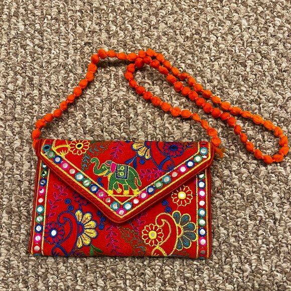 NEW! HAND-MADE INDIAN RAJASTHANI EMBROIDERED CLUTCH HANDBAG - Orange/Saffron - Picture 1 of 8